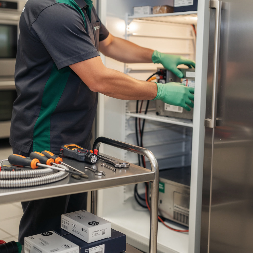 Emerald Service technician performing professional commercial refrigeration repair and maintenance work on commercial kitchen equipment